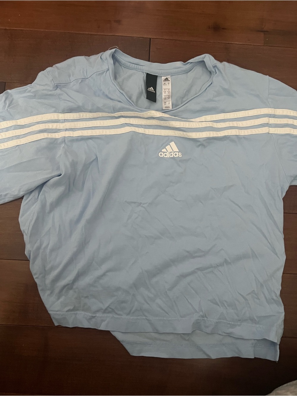 adidas Light Blue Short-Sleeve Athletic Shirt with White Stripes